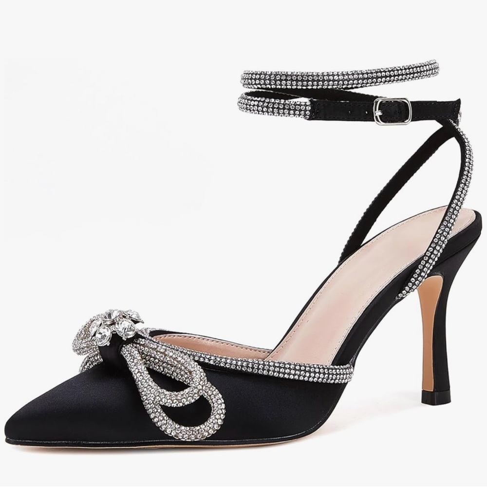 Black Satin Rhinestone Bow Ankle Strap Heels | Backless Stiletto Pumps